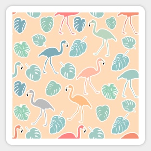 Hand drawn colorful flamingo and monstera leaves. Seamless pattern Sticker